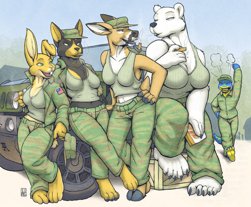 angry anthro army black_body black_fur black_nose blue_body blue_skin bottomwear breast_size_difference breasts camo camo_clothing camo_hat camo_headgear camo_headwear camo_legwear camo_print camo_shirt camo_topwear canid canine canis car cervid cigar clothed clothing domestic_dog female fur green_eyes green_highlights group hat headgear headwear highlights_(coloring) hooves lagomorph legwear leporid lizard male mammal military open_mouth outside pants pattern_clothing pattern_hat pattern_headgear pattern_headwear pattern_legwear pattern_shirt pattern_topwear paws polar_bear rabbit reptile rick_griffin scalie shirt smoking tan_body tan_fur thick_thighs topwear ursid ursine vehicle white_body white_fur wide_hips yellow_body yellow_eyes yellow_fur // 901x745 // 237.0KB