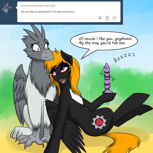 1:1 <3 avian beak bedroom_eyes black_body black_fur blonde_hair blush blushing_ears cutie_mark dialogue duo english_text equid equine eyeshadow fan_character feathered_wings feathers female feral fur grey_body grey_feathers grey_fur gryphon hair half-closed_eyes heartgear horse makeup mammal my_little_pony mythological_avian mythology narrowed_eyes open_mouth pegasus seductive sitting smile text tumblr twotail813 wings // 800x800 // 382.2KB