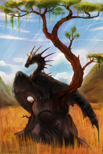 2019 2:3 absurd_res claws day detailed_background digital_media_(artwork) dragon gelangweiltertoaster grass hi_res horn membrane_(anatomy) membranous_wings outside plant scales sky spines tree wings wyvern // 2362x3543 // 9.9MB