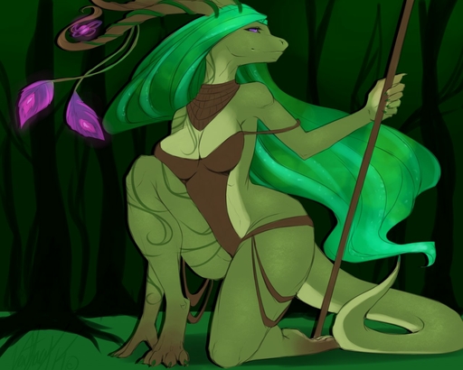 anthro breasts brown_body brown_skin cleavage clothed clothing detailed_background female forest green_body green_hair green_skin hair horn lizard non-mammal_breasts outside plant purple_eyes reptile scalie skimpy smile solo tree vexstacy // 1280x1025 // 137KB