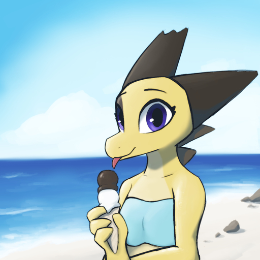 1:1 2020 anthro beach cloud dessert detailed_background enginetrap food hi_res holding_food holding_object ice_cream outside purple_eyes rock sand scalie seaside sky solo tongue tongue_out water yellow_body // 1700x1700 // 1.3MB