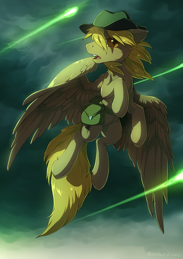 2016 blonde_hair calamity_(fallout_equestria) clothing cloud cloudscape equid equine fan_character feathered_wings feathers feral flying fur hair hat headgear headwear hioshiru hooves horse male mammal open_mouth outside overcast pegasus sky solo tan_body tan_feathers tan_fur teeth tongue wings // 776x1102 // 718.4KB