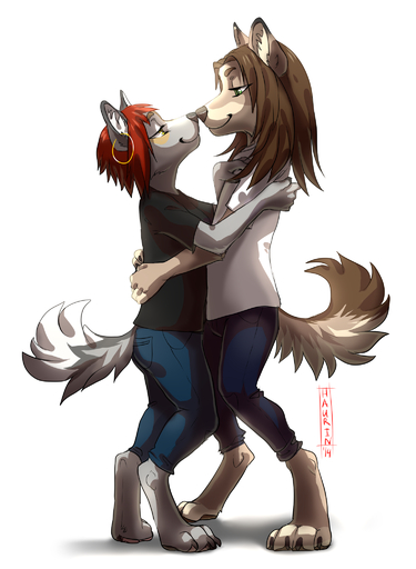 anthro barefoot brown_hair canid canine canis clothed clothing digitigrade domestic_dog duo ear_piercing feet female green_eyes hair hauringu hi_res mammal piercing red_hair simple_background white_background yellow_eyes // 1500x2046 // 1.1MB