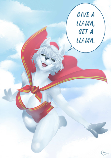 3_fingers absurd_res alanscampos anthro big_breasts breasts camelid cape clothing cloud cloudscape dialogue digital_media_(artwork) english_text female fingers flying fur green_eyes hi_res llama mammal one-piece_swimsuit open_mouth outside sky smile solo superhero swimwear teeth text white_body white_fur // 2480x3507 // 458.8KB