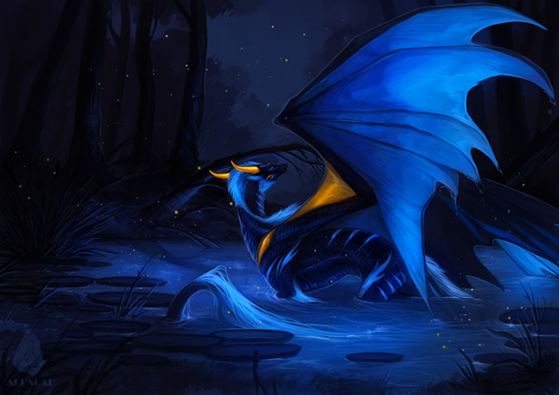 2019 absurd_res allagar ambiguous_gender blue_body blue_scales detailed_background digital_media_(artwork) dragon feral forest hi_res horn membrane_(anatomy) membranous_wings night outside partially_submerged plant scales scalie solo tree western_dragon wings zefyren // 3508x2480 // 1.2MB