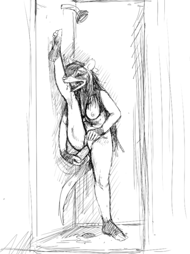2019 4_toes anthro barefoot biped black_and_white breasts didelphid digital_drawing_(artwork) digital_media_(artwork) dildo eyes_closed feet female flexible genitals hair hi_res hladilnik holding_dildo holding_object holding_sex_toy long_hair mammal marsupial marylin_(hladilnik) masturbation monochrome nude on_one_leg one_leg_up open_mouth penetration plantigrade pussy raised_leg sex_toy shower sketch soles solo splits spread_legs spreading standing toes toying_self vaginal vaginal_masturbation vaginal_penetration vertical_splits // 1280x1706 // 1.2MB