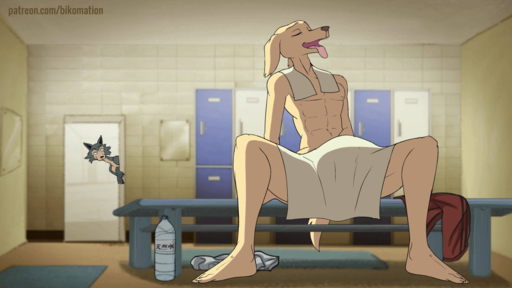 2d_animation all_fours animated anthro athletic athletic_anthro athletic_male beastars bent_over bikomation bird_dog black_nose bodily_fluids bottle bottomless brown_eyes canid canine canis cheek_tuft claws clothed clothing conditional_dnp convenient_censorship digital_media_(artwork) domestic_dog duo eyebrows eyes_closed facial_tuft fangs floppy_ears fluffy fluffy_tail frame_by_frame fur furniture grey_body grey_fur hunting_dog jack_(beastars) labrador legoshi_(beastars) locker_room looking_at_another looking_pleasured male malemale mammal masturbating_under_clothing masturbation masturbation_through_clothing narrowed_eyes netflix on_model open_mouth peeping penile penile_masturbation retriever short_playtime sitting tan_body tan_fur teeth tongue tongue_out towel towel_on_shoulder towel_only tuft voyeur wolf yellow_body yellow_fur // 1100x619 // 3.2MB