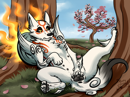 amaterasu anatomically_correct anatomically_correct_genitalia anatomically_correct_pussy animal_genitalia animal_pussy anus black_sclera canid canine canine_pussy canis capcom cherry_blossom cherry_blossom_tree cherry_tree claws deity female feral forest fruit_tree fur genitals mammal markings_(fur) multi_nipple muskydusky nipples plant pussy solo toe_claws tree video_games white_body white_fur wolf yellow_eyes ōkami // 1200x900 // 1.0MB