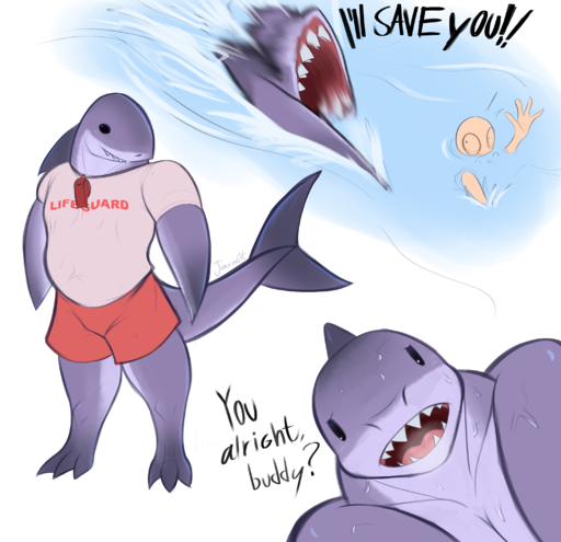 absurd_res anon anthro asphyxiation bottomwear breath clothed clothing digital_media_(artwork) drowning fin fish hi_res jarnqk lifeguard male marine musclegut rescue scared shark shorts solo swimming swimming_trunks swimwear wet whistle_(object) worried // 3000x2900 // 3.0MB