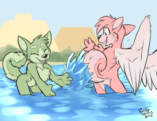 2016 anthro canid canine canis day denizens_of_heaven domestic_dog duo eyes_closed feathered_wings feathers female fur green_body green_fur heaven husky mammal nordic_sled_dog open_mouth outside partially_submerged pink_body pink_fur rick_griffin signature sky smile spitz splashing spring_(housepets!) summer_(housepets!) water webcomic webcomic_character wings // 990x765 // 510.4KB