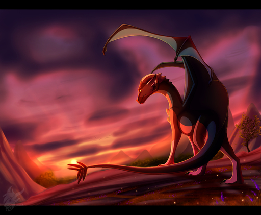 2014 ambiguous_gender black_bars claws detailed_background digital_media_(artwork) dragon feral horn membrane_(anatomy) membranous_wings outside scalie skaydie sky solo standing sunset western_dragon wings // 1400x1150 // 1.2MB