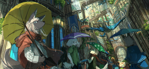 2017 4_fingers amazing_background anthro architecture art_nouveau bakawasima blonde_hair blue_eyes brown_hair building canid canine canis city clothed clothing coat detailed_background digital_media_(artwork) digital_painting_(artwork) domestic_dog dragon fantasy fingers flying fur group hair hi_res kemono large_group looking_at_viewer mammal raining red_clothing red_coat red_topwear snout standing street topwear umbrella wings wolf // 2157x1000 // 2.7MB