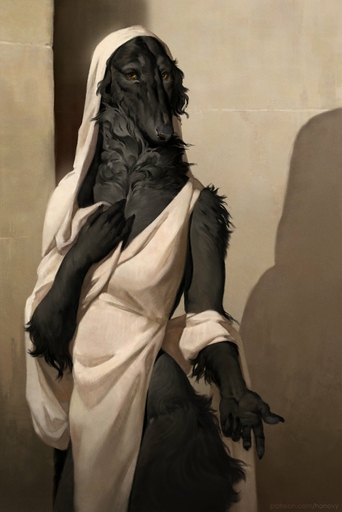 2020 anthro beckoning black_body black_fur black_nose borzoi breasts brown_eyes canid canine canis digital_media_(artwork) domestic_dog female fur gesture hi_res honovy hunting_dog long_snout mammal sighthound snout solo // 1237x1850 // 245.6KB