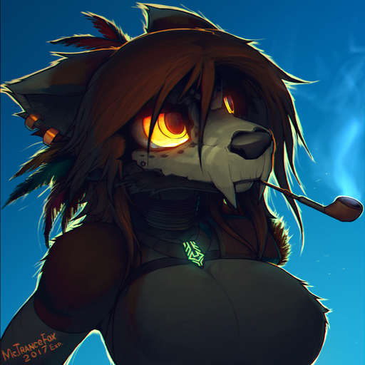 1:1 amber_eyes anthro big_breasts breasts brown_hair canid canine ear_piercing female fox glowing glowing_eyes hair jewelry macmegagerc mammal mask necklace piercing sandra_(macmegagerc) skull_mask smoking_pipe solo // 1000x1000 // 1.1MB