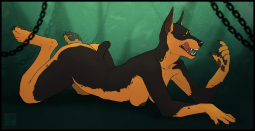2014 anthro ass_up biped black_border border breasts butt canid canine canis chain detailed_background dobermann domestic_dog female jenette_neils lying mammal nipples nude pinscher solo spottyjaguar // 1120x578 // 521.5KB