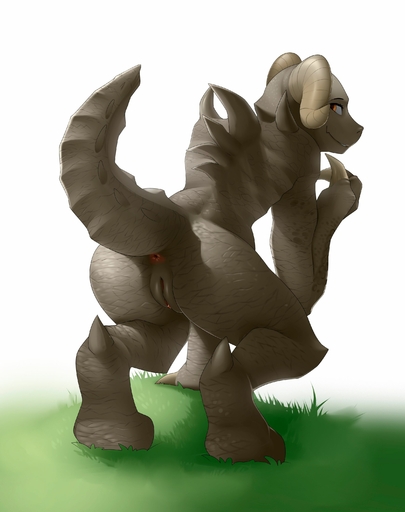 absurd_res anthro anus butt claws deathclaw digital_media_(artwork) female genitals grass hi_res horn looking_at_viewer looking_back marblesoda plant presenting presenting_hindquarters pussy raised_tail scales scalie simple_background solo spikes standing video_games // 2371x3000 // 321KB