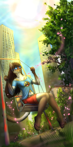 1:2 anthro araivis-edelveys biped blue_eyes brown_hair building clothed clothing day detailed_background domestic_cat felid feline felis female grass hair hi_res mammal outside plant sitting smile solo swing wide_hips // 800x1600 // 3.0MB