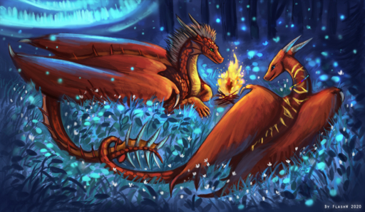 2020 blue_eyes claws detailed_background digital_media_(artwork) dorsal_frill dragon duo female feral fire flashw forest frill_(anatomy) frill_spines grass horn male membrane_(anatomy) membranous_frill membranous_wings night outside plant red_body red_scales scales scalie smile spiked_tail spikes spikes_(anatomy) spines tail_frill tree western_dragon wings // 1280x746 // 1.5MB