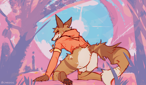 2022 abstract_background anthro backsack balls biped bottomless bottomless_anthro bottomless_male brown_body brown_fur butt canid canine canis cantio_(lawyerdog) clothed clothing coyote digital_media_(artwork) digitigrade fur genitals hoodie hoodie_only kneeling lawyerdog looking_back male mammal multicolored_body multicolored_fur open_mouth open_smile pawpads smile solo topwear topwear_only white_body white_fur // 1500x874 // 822.6KB