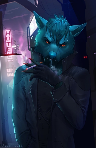 2018 5_fingers anthro blue_body blue_fur blue_hair blue_nose canid canine canis clothed clothing detailed_background digital_media_(artwork) domestic_dog fingers fur hair hi_res lynncore male mammal orange_eyes outside smoking solo // 837x1280 // 128KB