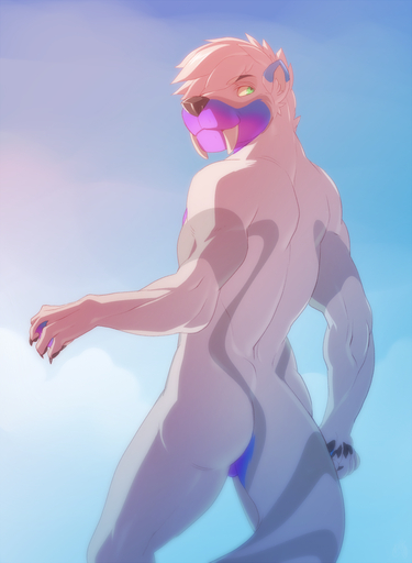2014 anthro biped butt fangs fur green_eyes hair hi_res looking_back lutrine male mammal mustelid nude patto presenting presenting_hindquarters simple_background solo standing tusks tusky white_body white_fur // 938x1280 // 830.8KB
