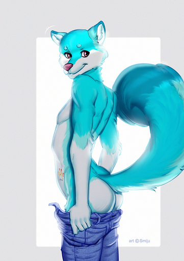 anthro butt canid canine clothed clothing looking_back male mammal pants_down partially_clothed simple_background smiju smile solo topless undressing // 634x900 // 543.5KB