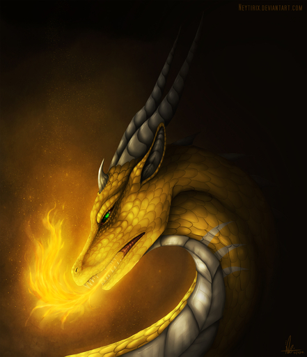 2014 absurd_res ambiguous_gender dragon feral fire green_eyes hi_res horn neytirix open_mouth ridged_horn scales solo teeth tongue yellow_body yellow_scales // 2234x2591 // 2.2MB