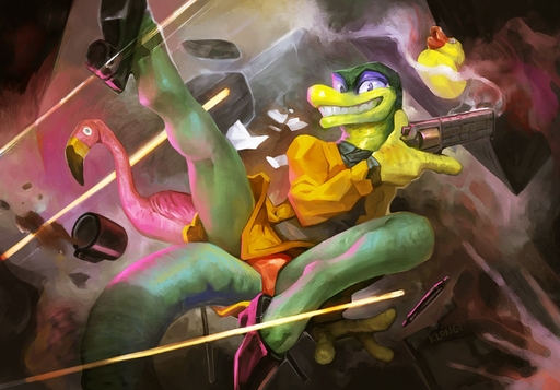 2019 anthro bottomwear clothed clothing digital_media_(artwork) gex_the_gecko holding_object klongi lawn_flamingo lizard painting reptile rubber_duck scalie skirt smile solo teeth video_games // 1280x893 // 221.5KB
