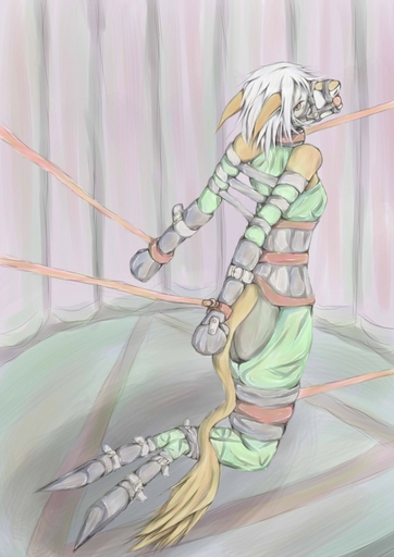 anthro ball_gag bdsm bodily_fluids bondage bound breasts butt collar crying female gag gagged hair hi_res johnsergal_(character) kemono mammal muzzle_(object) muzzled restraints sergal silver_hair solo submissive submissive_female tears transformation 俄雨小雨 // 905x1280 // 171.6KB