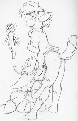 ambiguous_gender anthro bottomless bottomwear butt clothed clothing conditional_dnp dipstick_tail duo eyes_closed fur genitals girly gloves_(marking) hair jay_naylor kneeling lagomorph leg_markings legwear leporid male mammal markings monochrome multicolored_tail open_mouth penis rabbit sex sketch skirt socks_(marking) standing thigh_highs traditional_media_(artwork) // 462x717 // 68.9KB