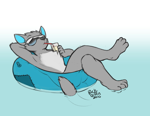 2016 4_toes anthro beverage biped canid canine casual_nudity crossed_legs drinking eyewear feet food fur glass gradient_background grey_body grey_fur hand_behind_head inflatable male mammal nude pool_toy relaxing rick_griffin simple_background solo summer sunglasses swim_ring toes water // 990x765 // 211.7KB