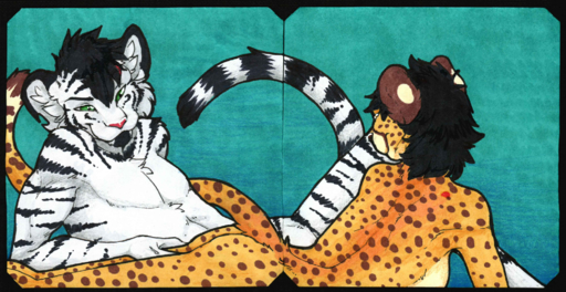alishka black_hair cheetah duo edron eva felid feline female green_eyes hair hi_res lying male mammal nude pantherine scar stripes tiger traditional_media_(artwork) // 2000x1033 // 3.0MB
