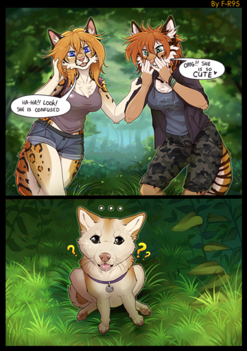 2017 5_fingers anthro belt blue_eyes bottomwear breasts camo camo_clothing camo_print canid canine canis clothed clothing collar detailed_background dialogue digital_media_(artwork) domestic_dog english_text f-r95 felid feline female feral fingers forest fur grass green_eyes group hair inner_ear_fluff leopardus mammal multicolored_body multicolored_fur ocelot pattern_clothing pawpads pink_nose plant purple_collar shirt shorts speech_bubble stripes tank_top text topwear tree tuft // 703x1000 // 1.0MB