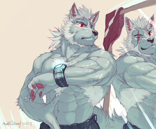 abs anthro athletic belt biceps big_muscles biped black_nose bottomwear canid canine canis chest_tuft claws clock clothed clothing dual_persona flexing fur glass grey_body grey_fur grey_hair hair looking_at_mirror looking_at_object male mammal mirror morihiko muscular muscular_anthro muscular_male null-ghost one_eye_closed pants pawpads paws pecs pose red_eyes reflection scar signature solo standing topless tuft watch wink wolf // 1181x977 // 694.8KB