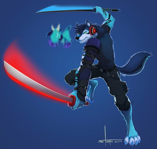 2013 action_pose anthro armor canid canine canis dual_wielding duo glowing green_eyes hi_res holding_object holding_sword holding_weapon katana male mammal melee_weapon pose simple_background size_difference stoopix sword unconvincing_armor weapon wolf // 1280x1219 // 113.5KB