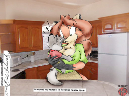 ! 2006 4:3 age_difference anthro babysitter big_breasts breasts canid canine canis cleavage clothed clothing collaboration color_edit colored cub duo edit english_text eric_schwartz female fox fridge fur furnaut green_eyes grey_body grey_fur huge_breasts hybrid inside kitchen mammal microwave nipple_outline photo_background rodent sabrina_online sciurid sheila_vixen text timothy_squirrel-woolfe tree_squirrel webcomic webcomic_character wolf young // 1024x768 // 866.5KB