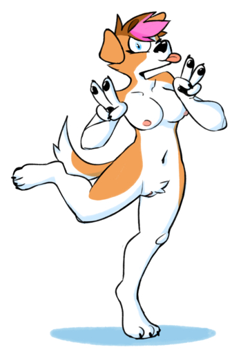 anthro blue_eyes breasts canid canine canis domestic_dog double_v_sign female genitals gesture hi_res mammal nipples nude pixylbyte pussy simple_background solo tongue tongue_out v_sign white_background // 1081x1531 // 413.9KB