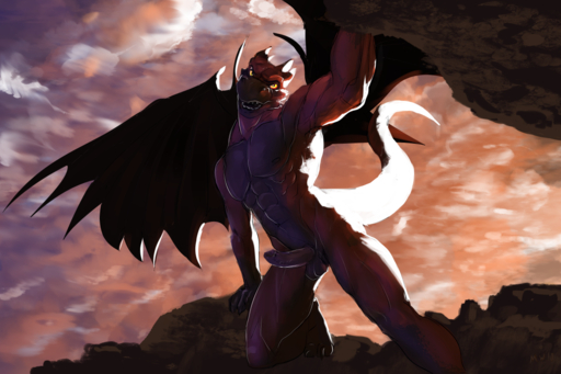 3:2 abs anthro biped claws cliff cloud digital_media_(artwork) dragon erection genitals horn male marsonaut muscular muscular_anthro muscular_male nude pecs penis perspective rock scales scalie smile solo wings // 1200x800 // 963.9KB