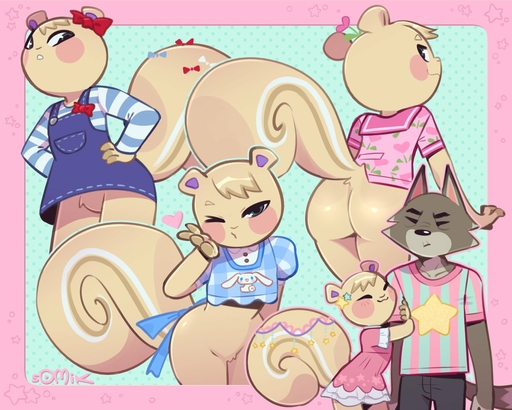 2021 <3 accessory age_difference animal_crossing anthro blue_background blush border bottomless bottomwear butt canid canine canis clothed clothing crossdressing dobie_(animal_crossing) dress duo girly hair_accessory hair_bow hair_ribbon hug male malemale mammal marshal_(animal_crossing) nintendo one_eye_closed overalls pants pink_border ribbons rodent romantic_couple sciurid shirt simple_background skirt somik standing topwear video_games wink wolf // 1266x1015 // 180.1KB