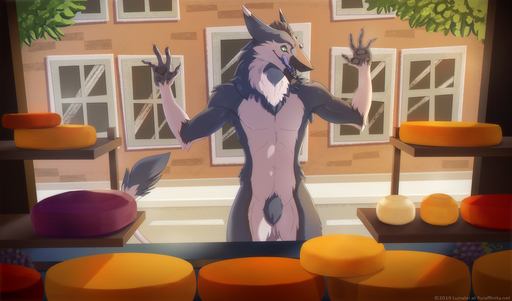 2019 4_fingers black_body black_fur cheese dairy_products day detailed_background digital_media_(artwork) fingers food fur humor lunalei male open_mouth outside sergal solo standing teeth tongue town white_body white_fur // 1280x752 // 478.6KB