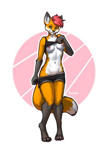 2022 anthro biped black_body black_fur blue_eyes bottomwear bottomwear_down breasts canid canine claws clothed clothing clothing_lift digital_media_(artwork) digitigrade dipstick_tail female fox foxovh fur gloves_(marking) hair hi_res looking_at_viewer mammal markings nipples orange_body orange_fur pants pants_down partially_clothed paws pink_background red_hair shirt shirt_lift signature simple_background solo standing tail_markings toe_claws topwear white_background white_body white_fur // 905x1280 // 335.8KB