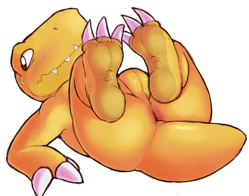 3_fingers 3_toes agumon anthro anus backsack balls barefoot blush butt claws conditional_dnp digimon_(species) fangs feet finger_claws fingers foot_focus genitals hindpaw looking_aside lying male nude on_back orange_body paws perineum presenting presenting_anus presenting_balls presenting_hindquarters shy simple_background soles solo teeth toe_claws toes white_background zackary911 // 800x631 // 323.0KB