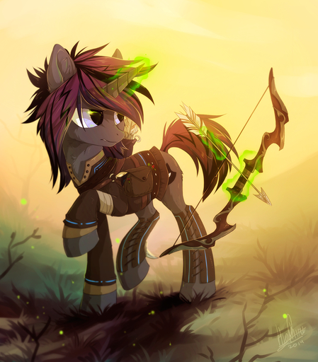2014 arrow black_hair bow_(weapon) clothed clothing cutie_mark day equid equine eyelashes fan_character female feral fur grass grey_body grey_fur hair hioshiru hooves horn horse magic mammal outside pale_eyes plant purple_hair quiver ranged_weapon ridged_horn smile solo standing theo_avery unicorn weapon // 899x1025 // 920.0KB