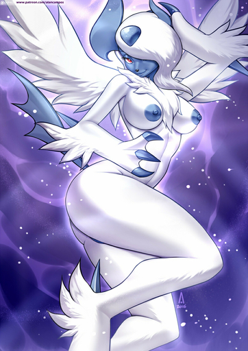 2016 alanscampos anthro blue_claws blue_horn blue_nipples breasts butt chest_tuft claws feathered_wings feathers female fur hair half-closed_eyes horn long_hair looking_at_viewer mega_absol mega_evolution narrowed_eyes navel neck_tuft nipples nude pokemon_(species) pokemorph pose raised_tail red_eyes solo tuft video_games white_body white_fur wings // 777x1100 // 425.6KB