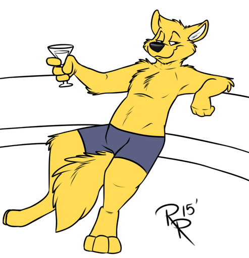 2015 3_toes 4_fingers anthro arm_tuft barefoot biped black_nose boxers_(clothing) canid canine cheek_tuft chest_tuft clothed clothing cocktail_glass container cup drinking_glass elbow_tufts eyebrows facial_tuft feet fennec fingers flat_colors fox fur glass glass_container glass_cup goldenrod half-closed_eyes head_tuft holding_glass holding_object inner_ear_fluff knee_tuft leg_tuft looking_at_viewer male mammal narrowed_eyes reclining rotten_robbie shoulder_tuft side_view signature solo tail_between_legs toes topless tuft underwear vulpes yellow_body yellow_fur yellow_tail // 959x996 // 222.1KB