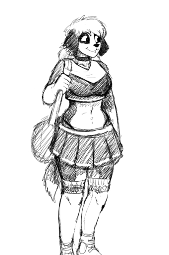 2018 2:3 black_and_white bottomwear canid canine canis cheerleader clothed clothing domestic_dog female fully_clothed hi_res hladilnik mammal monochrome piercing samantha_thott skirt solo // 1280x1920 // 740.3KB