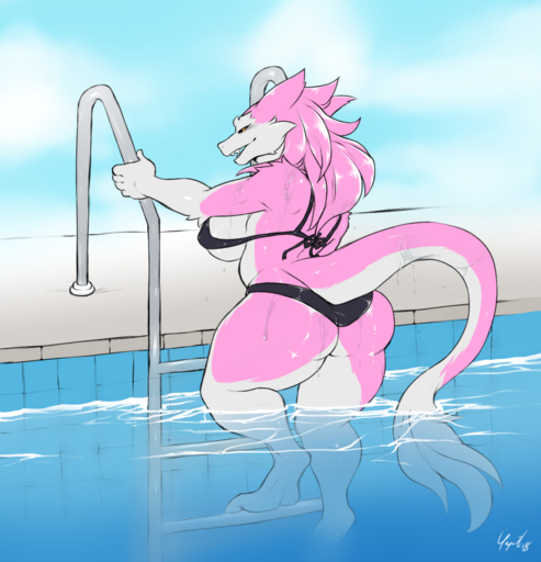 5_fingers anthro big_breasts big_butt bikini black_sclera blush breasts butt clothing female fingers fur hair huge_breasts kristoph_wulphenstein ladder mane nipple_outline open_mouth pink_body pink_fur pink_hair sergal signature slightly_chubby solo swimming_pool swimwear thick_thighs vilous_universe water white_body white_fur yellow_eyes yogoat // 900x934 // 502.0KB