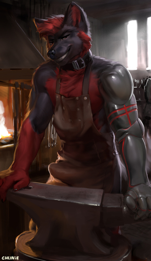 2019 anthro anvil apron black_body black_fur blacksmith bulge canid canine canis chunie claws clothed clothing collar cybernetics cyborg detailed_background digital_media_(artwork) erection erection_under_clothing fox fur grin hair hi_res hybrid inside looking_at_viewer machine male mammal muscular muscular_anthro muscular_male red_body red_fur red_hair smile solo wolf // 743x1280 // 355.9KB