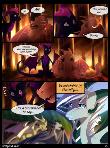 2014 blue_eyes comic day dragon english_text feral forest hi_res horn membrane_(anatomy) membranous_wings outside plant scalie sitting skaydie spines standing text tree western_dragon wings // 940x1265 // 1.2MB