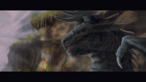 16:9 2019 ambiguous_gender black_body black_eyes black_horn black_scales blurred_background blurred_foreground cliff curled_horn day digital_media_(artwork) drad dragon falcrus feral headshot_portrait hi_res horn letterbox membrane_(anatomy) membranous_wings open_mouth open_smile outside portrait purple_tongue red_sclera scales scalie sharp_teeth side_view smile smooth_horn solo sunrays teeth tongue watermark western_dragon wings // 1920x1080 // 2.1MB